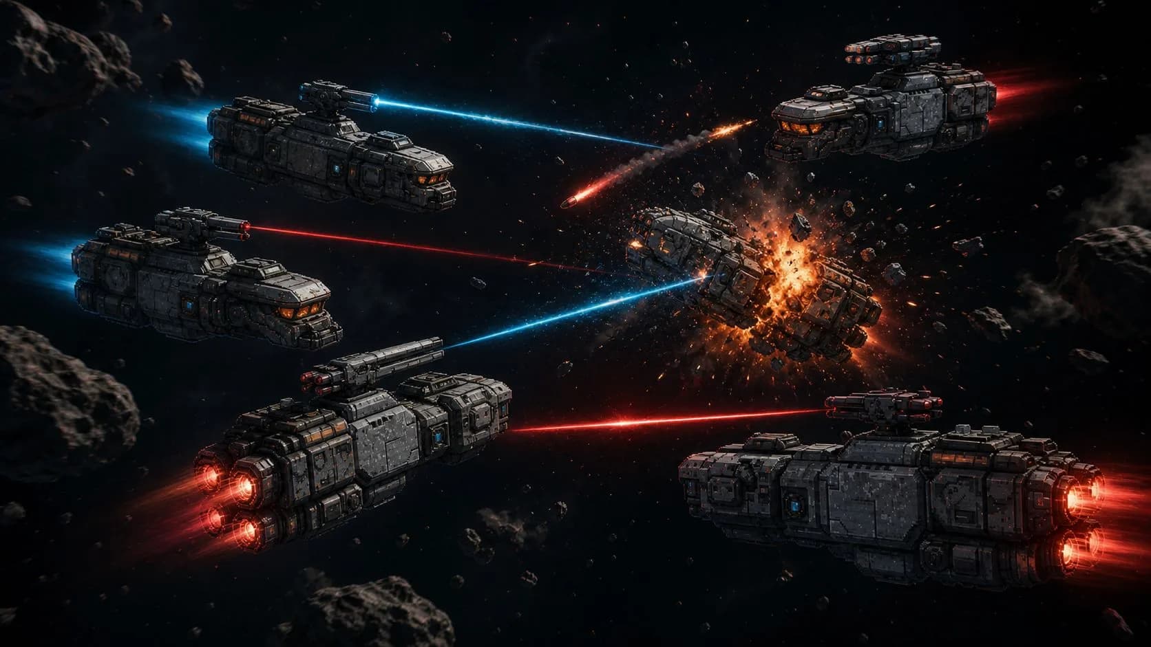 Two fleets trade laser fire in an asteroid field as a ship explodes