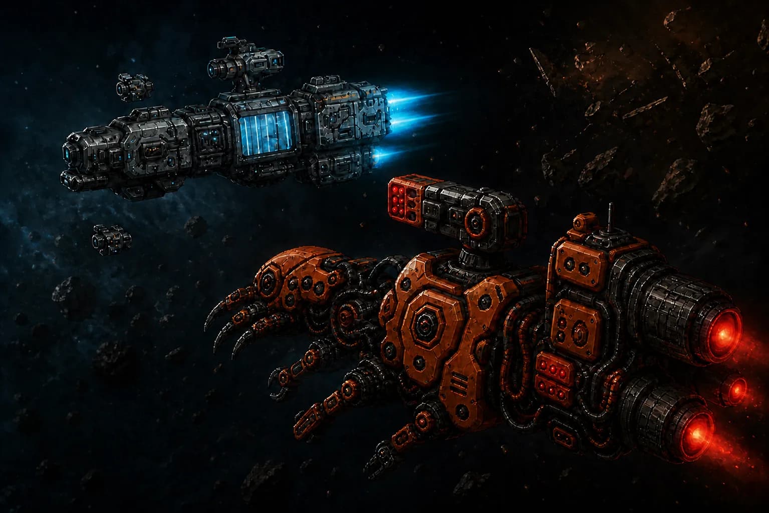 A human cruiser faces a Hive warship in an asteroid field